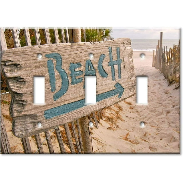 3 Gang Toggle Decorative Metal Wall Plate Beach this Way (Made in