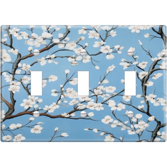 3 Gang Wall Plate Cover Branches With White Flowers Against A Blue Sky Decorative Switchplate Triple Toggle Light Switch Covers for Bedroom Bathroom Decor
