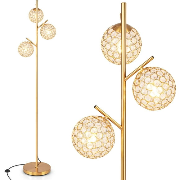 3-Globe Floor Lamp, Freestanding Tree Lamp w/Foot Switch & 3 E26 Bulb Bases, Sturdy Metal Pole & Weighted Base, Modern 3-Ball Standing Light for Bedroom, Living Room (Golden, 3-Globe)
