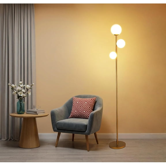 3 Globe Mid Century Modern Floor Lamp for Living Room, Gold Floor Lamp with Frosted Glass Shade and LED Bulbs, Warm Light Standing Tall Pole Lamp for Bedrooms, Office - Antique Brass