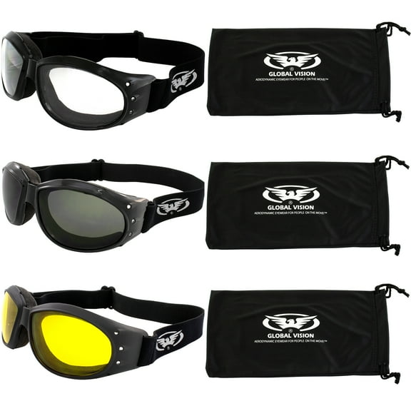 Global Vision Eliminator Goggles Motorcycle Padded Airsoft Cycling Dust Storm Burning Man 3 Pair Clear Smoke & Yellow