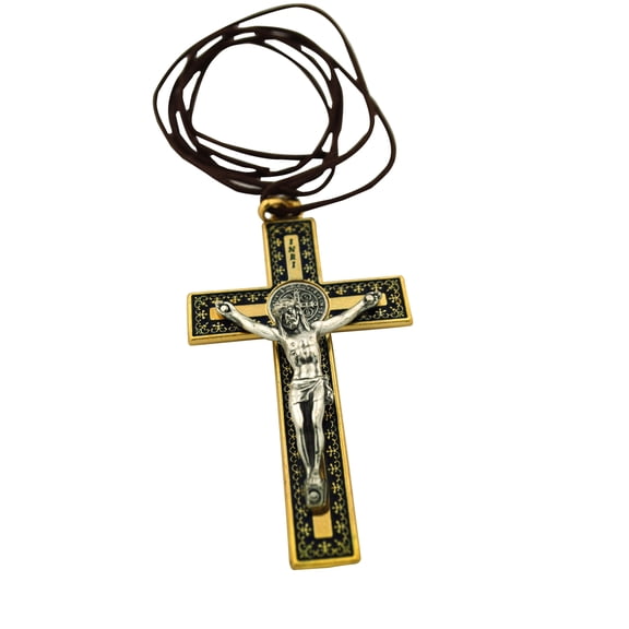 3" Gold-Tone St. Benedict Crucifix with Filigree and Blue Enamel Inlays