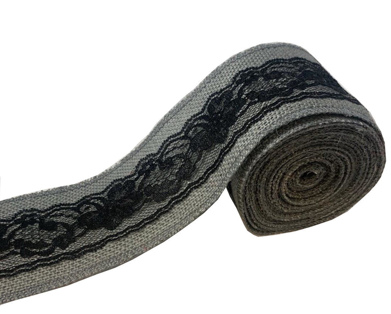 3 Grey Burlap Ribbon With Black Lace 5 Yard Roll Made In Usa-,