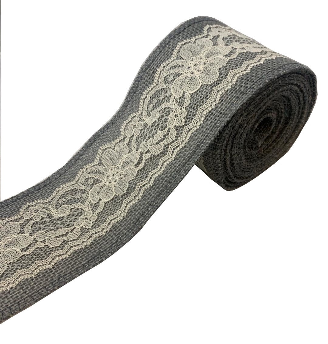 3 Grey Burlap Ribbon With Ivory Lace 5 Yard Roll Made In Usa-,