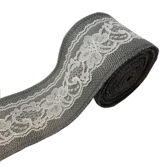 3 Grey Burlap Ribbon With White Lace 5 Yard Roll Made In Usa-,