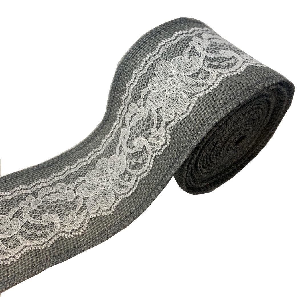 3 Grey Burlap Ribbon With White Lace 5 Yard Roll Made In Usa-,