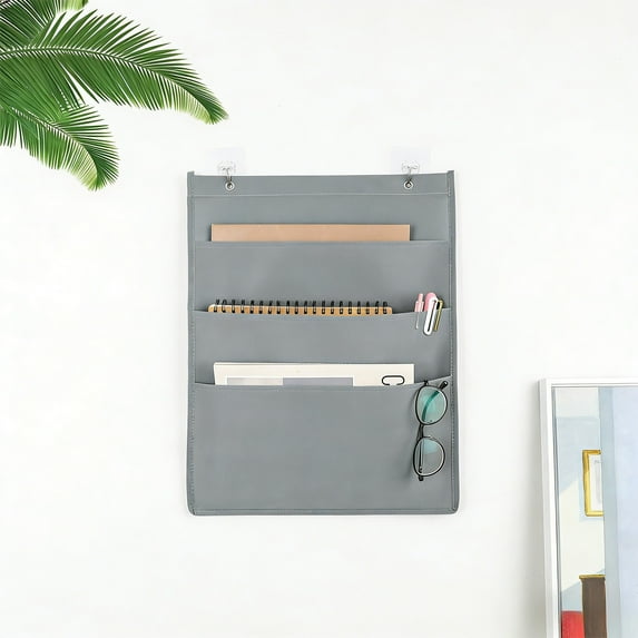 3-Grid Gray Wall-Mounted File Storage Bag - Portable Multi-Compartment File Organizer, Durable Document Magazine Storage Bag, Hanging Organizer for Papers & Miscellaneous Items in Office, Gray, 1pc