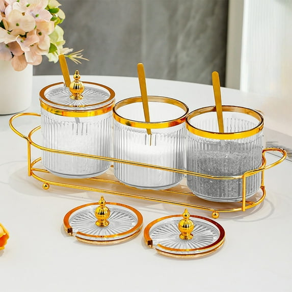 3-Grid Spice Storage Box with 3 Spoons & Metal Rack | Airtight Plastic Seasoning Jars for Kitchen Countertop | 350ml Clear Containers for Herbs, Pepper, Salt