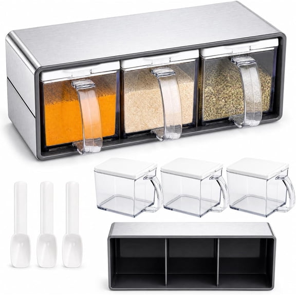 3 Grids Seasoning Organizer Box, Stainless Steel Salt Container with Lid and Spoon, Seasoning Containers with Stainless Steel Rack for Home, Kitchen, Cafe, Storing Salt, Sugar, Pepper, Spice
