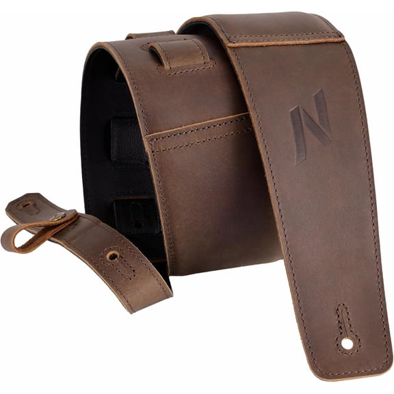 3" Guitar Strap in First Layer Leather with Padding and Storage Loops for Bass, Electric and Acoustic Guitars (Gradient Brown)