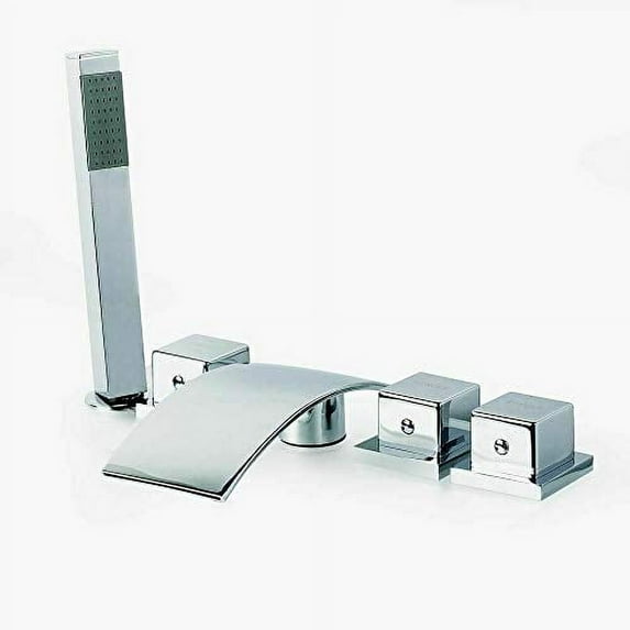 3-Handle Deck Mount Waterfall Roman Tub Faucet Polished Chrome Handheld Shower