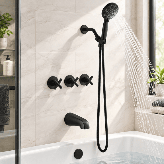 3 Handle Tub Shower Faucet Set with 6 Mode Handheld Spray Matte Black