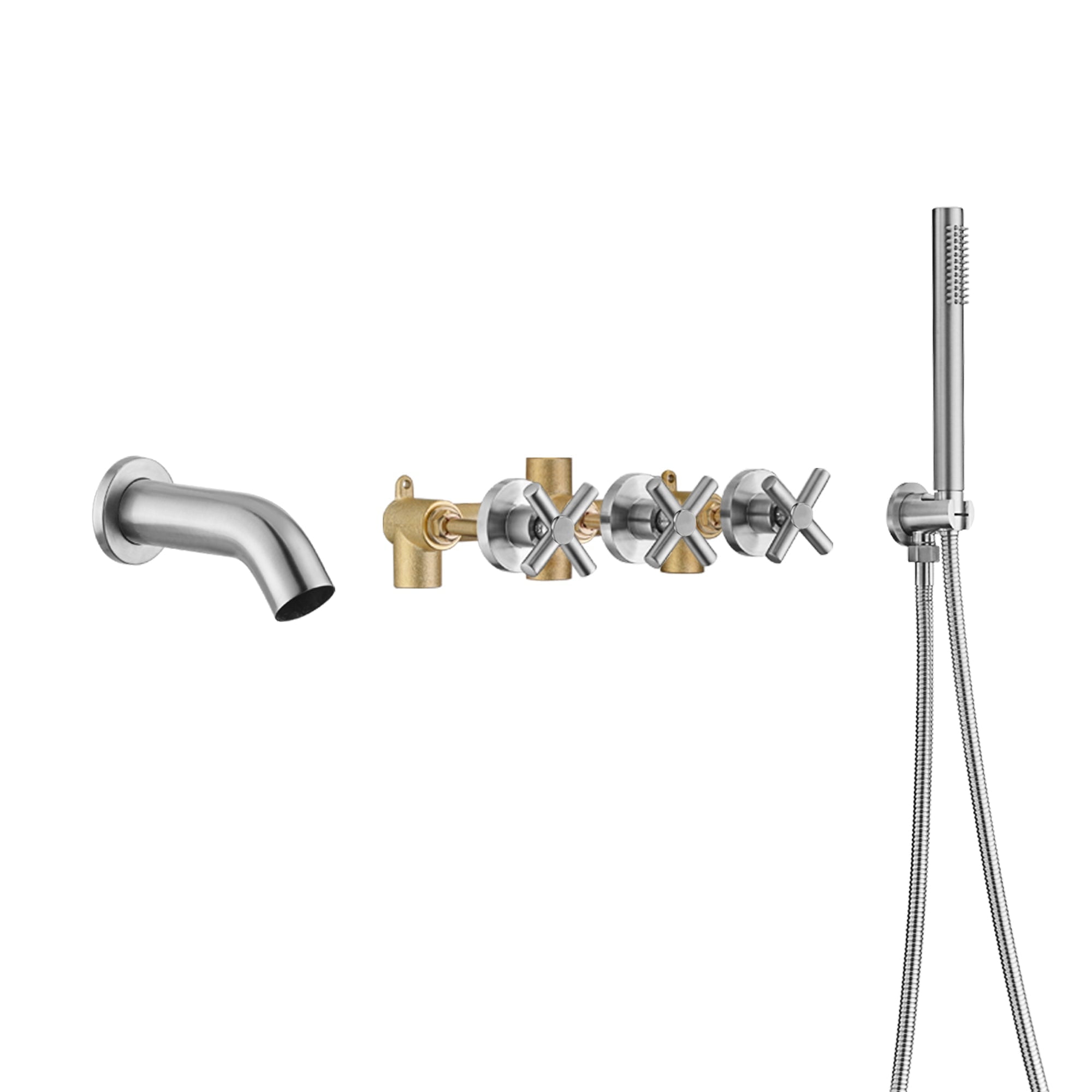 3 Handle Wall Mount Tub Faucet with Sprayer,Waterfall Bathtub Faucet Brushed Nickel