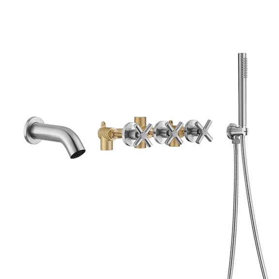 3 Handle Wall Mount Tub Faucet with Sprayer,Waterfall Bathtub Faucet Brushed Nickel