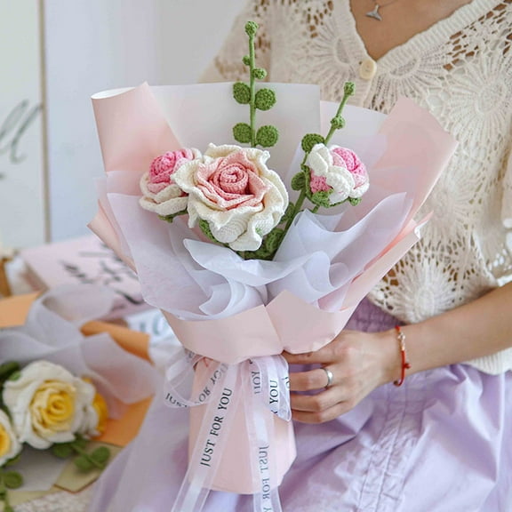 3 Handmade Crochet Rose Flowers, Artificial Roses Bouquet, Completed Crochet Flower Bouque for Birthday, Home Decor, Mother's Day, Anniversary, Wedding, Graduation (Pink)