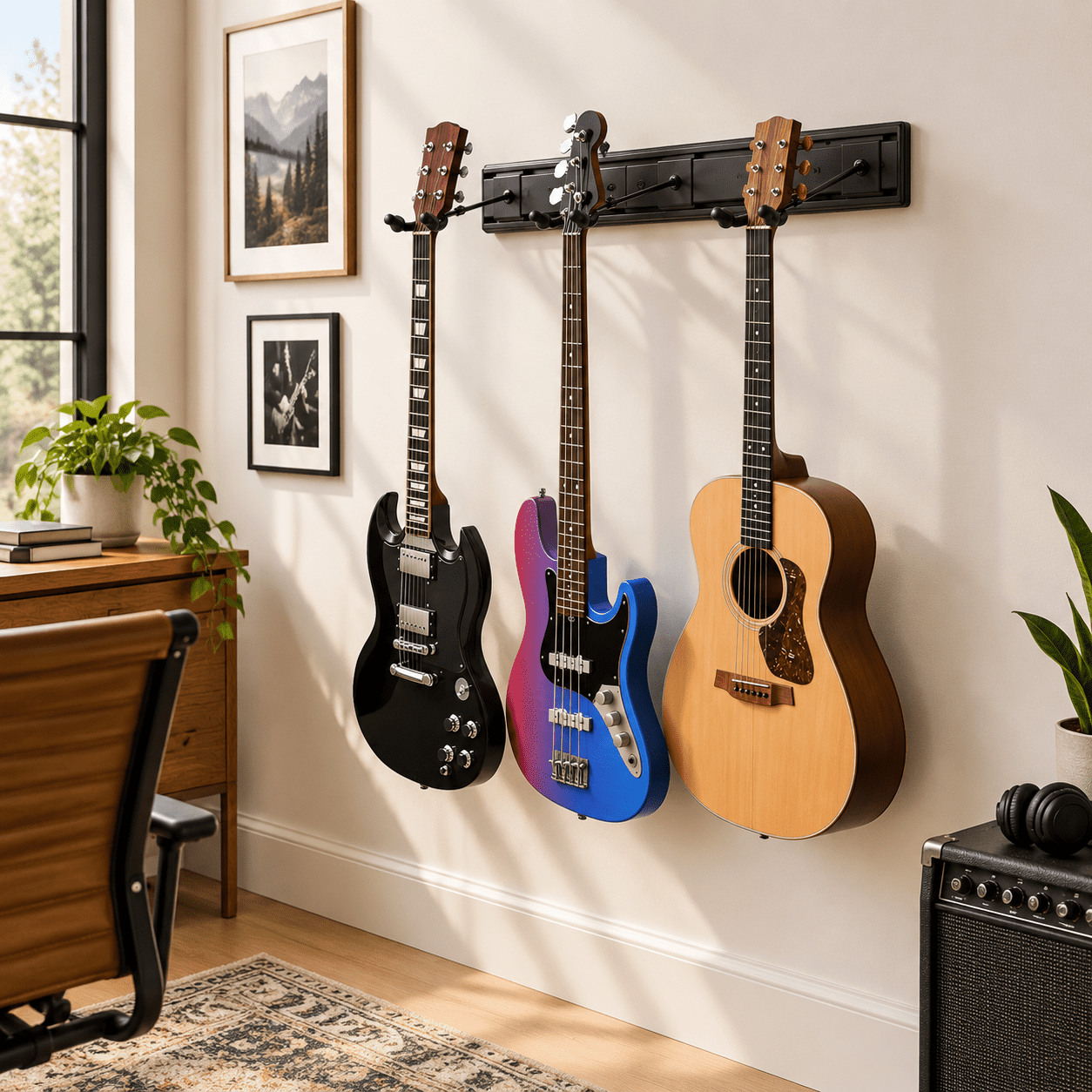 Gitar Rack 3 Hangers Set Aluminum Metal Adjustable Wall Mount Guitar Rack Stand ...