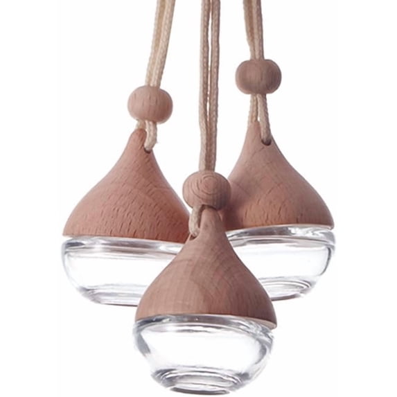 3 Hanging Car Air Freshener Diffuser Bottles - 6 Refillable Aromatherapy Perfume Pendants, with Wooden Cap and Rope for Transparent Empty Glass, for Vehicle Decoration, Closet Fragrance