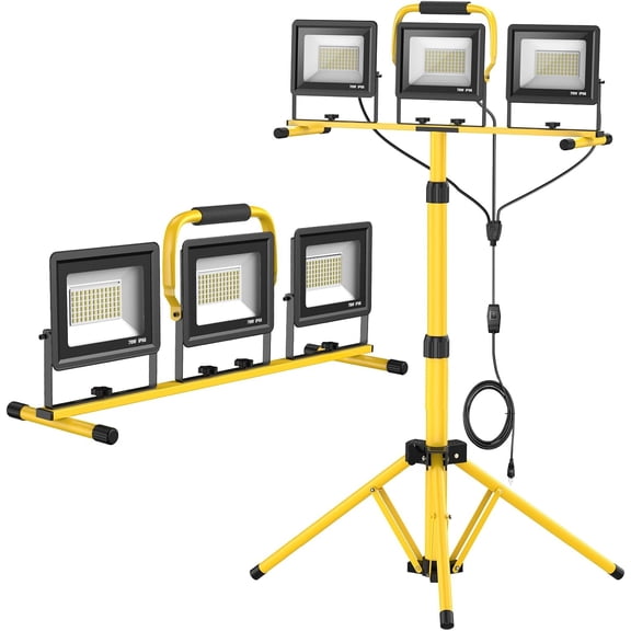 3-Head Adjustable LED Work Light with Stand 21000 Lumen Waterproof Foldable Tripod Extended Cord Style 3 Head Yellow