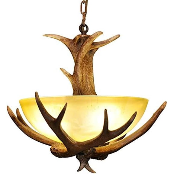 3-Head Antler Chandelier, 3 Lights Rustic Retro Chandelier Faux Deer Chandeliers Resin Antler Ceiling Light Fixture Frosted Glass Bowl Shade Ceiling Pendant for Kitchen Bar Cafe Living Room