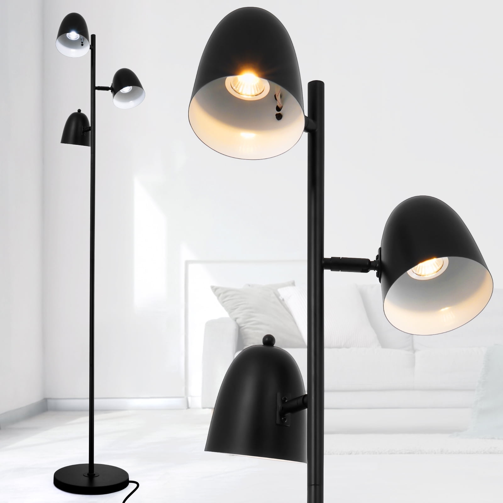 3-Head Black Floor Lamp, Duty Iron Floor Lighting with Arms, Modern Tripod Design for Living Room Bedroom, 15.7"W x 70.9"H with 11" Anti-Tip Base, GU10 Socket*1