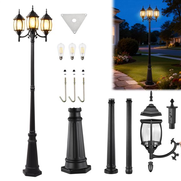 3-Head Outdoor Post Light, Dusk to Dawn Sensor Retro Roman Pole Lighting with Waterproof Anti-Rust for Backyard Garden Driveway