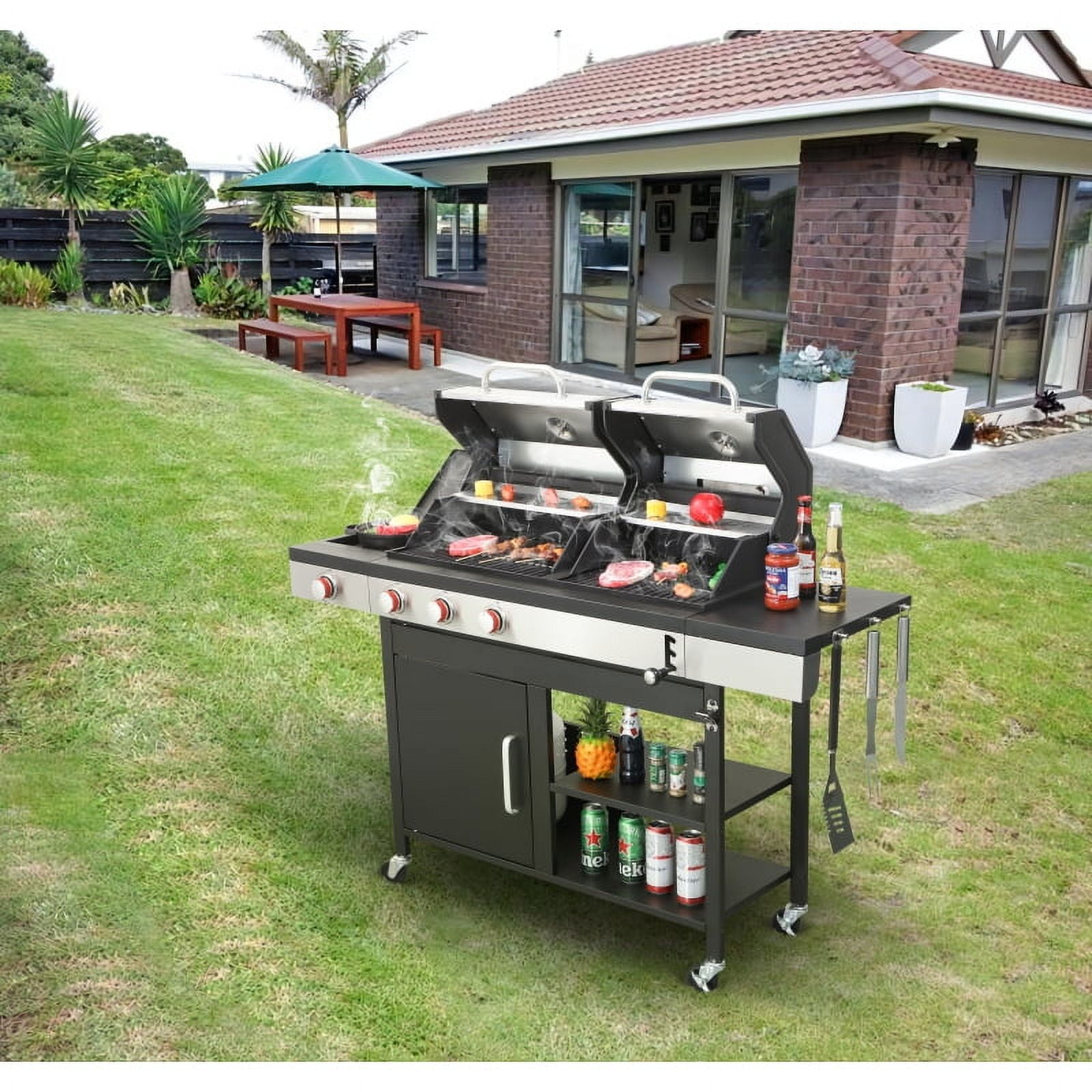 3 Head Propane Gas Grill, Winter Party Grill with Side Burner, Combined Charcoal Grill with Enamelled Cast Iron Cooking Grid for Outdoor BBQ, Stainless Steel