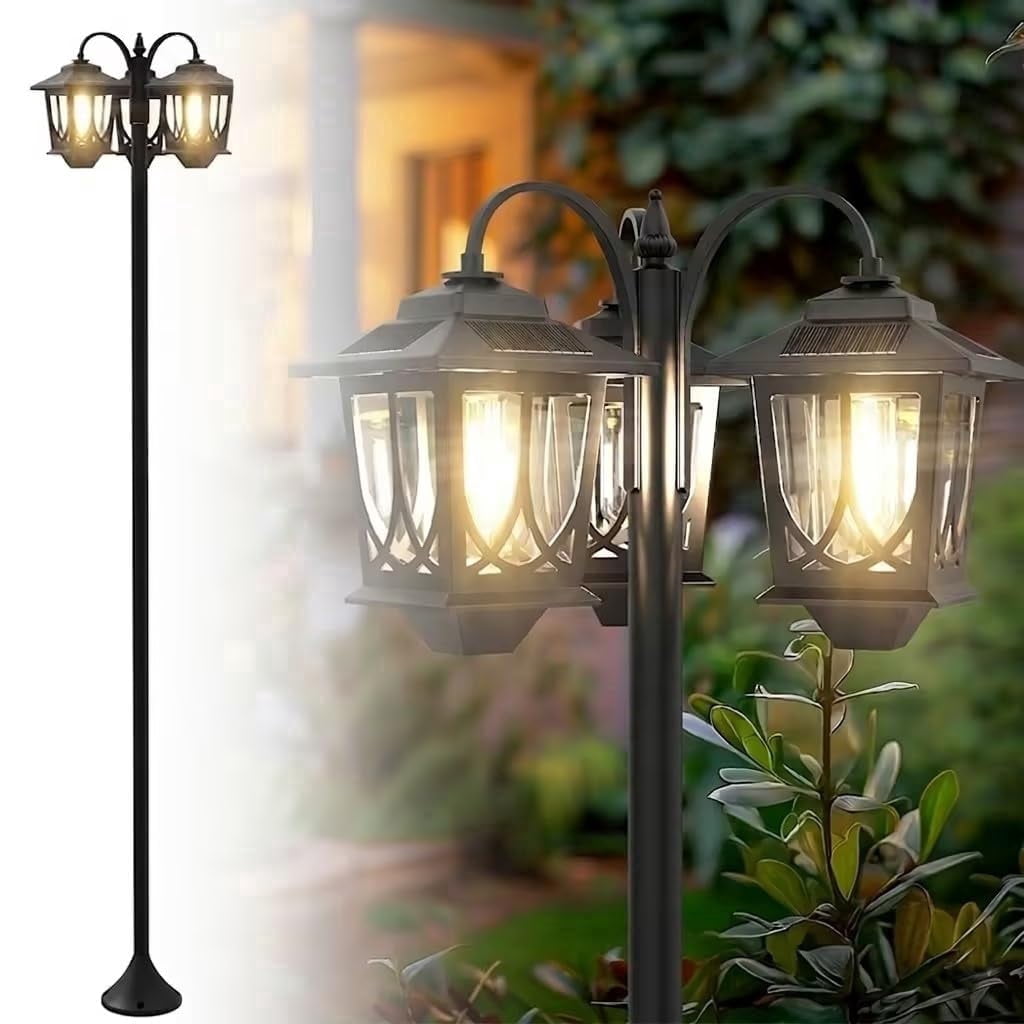 3-Head Solar Lamp Post Light, 73" Aluminum Solar Light Poles for Outside Waterproof, 60lm Dusk to Dawn Floor Lamp for Front Yard,Garden, Pathway, Patio, Warm White, Replaceable Bulb