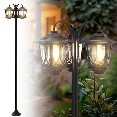 3-Head Solar Lamp Post Light, 73" Aluminum Solar Light Poles for Outside Waterproof, 60lm Dusk to Dawn Floor Lamp for Front Yard,Garden, Pathway, Patio, Warm White, Replaceable Bulb