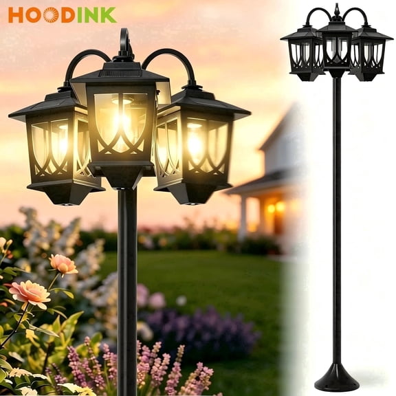 Hoodink 3-Head Solar Lamp Post Light, 73" Solar Lights Outdoor Waterproof, 60Lm 3000K Pathway Lights for Garden, Lawn, Yard