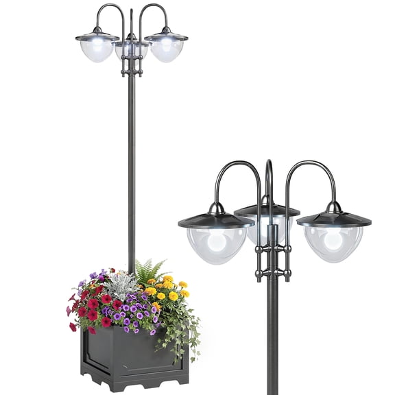 3-Head Solar Lamp Post Light with Built-In Planter, Outdoor Waterproof LED Pathway and Patio Light, 74.5 Inch, Black