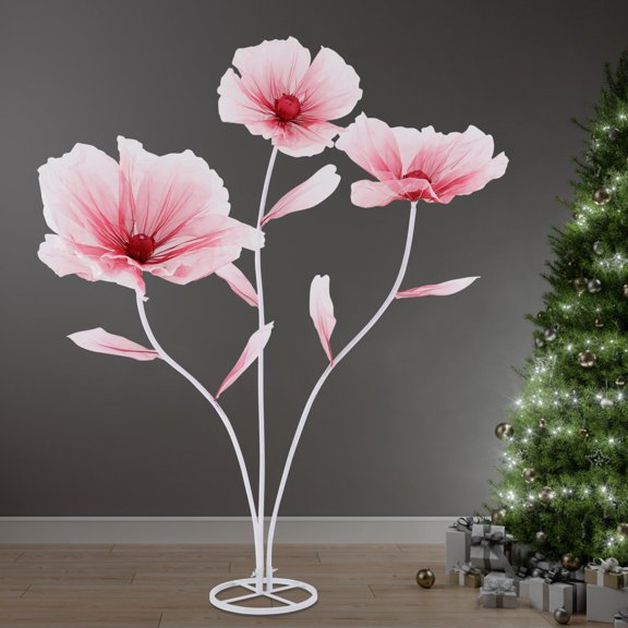 3-Head Wedding Decorative Flowers 170cm, Gradient Red Silk Petals Adjustable Stem Iron Base Indoor Outdoor Use