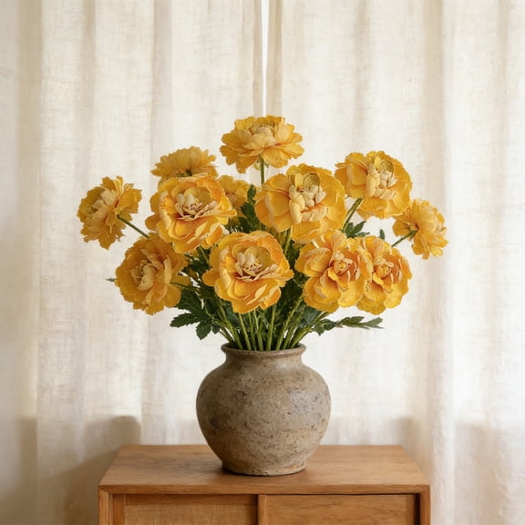 3 Headed Artificial Ranunculus Flowers, Realistic Lifelike Faux Floral Stems, High End Decorative Bouquet Picks, Elegant Accents for Home Wedding Table Centerpieces Holiday Arrangements, Yellow-A