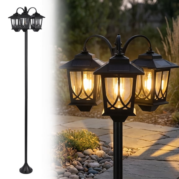 3-Headed Solar Powered Outdoor Post Light | 73 inch Lamp Post with Dusk to Dawn, Metal and, Semi Flush Mount for Garden Yard Home, Mardi Gras, Easter Decor