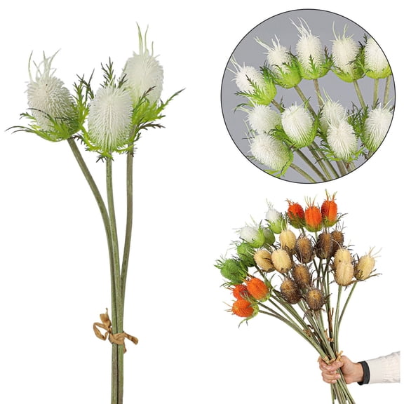 3 Heads Artificial Thistle Spray Faux Dried Teasel Wild Flower Bundle Natural Rustic Textured Floral Stems Bendable Long Branches for Home Vase Arrangement and Seasonal Wreath DIY Decor 1Pcs