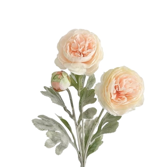 3 Heads Yellow Artificial Ranunculus Stems, 20.5" Faux Peony Fake Flowers with Flocked Leaves for Home Wedding Floral Decor