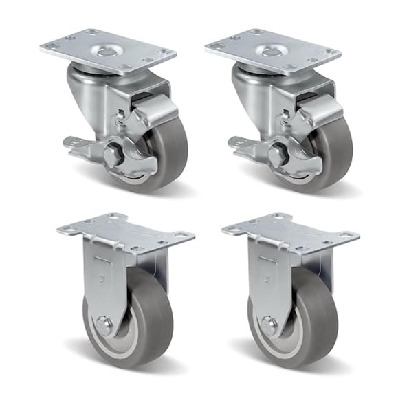 3" Heavy Duty Casters, Swivel Caster Wheels with Brakes, Plate Casters with Rubber Wheel for Furniture Platform Truck Dolly Cart, Set of 4 (2 Brakes & 2 Rigid)