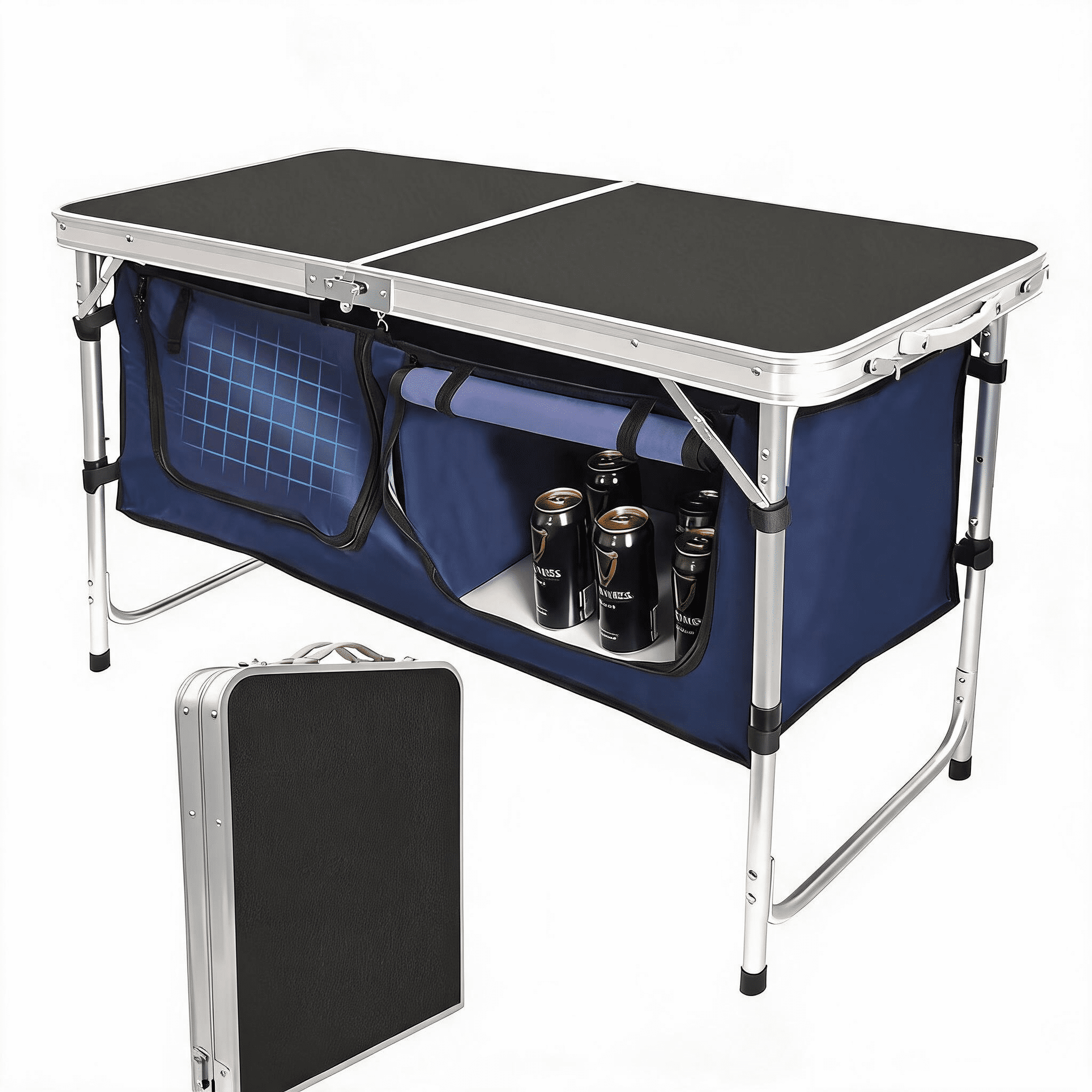 3 Height Adjustable Folding Camping Table with 2 Detachable Storage Bags, Aluminum Frame Density Board Portable Outdoor Picnic Table, 66LBS Capacity for Car Camping BBQ Indoor Party