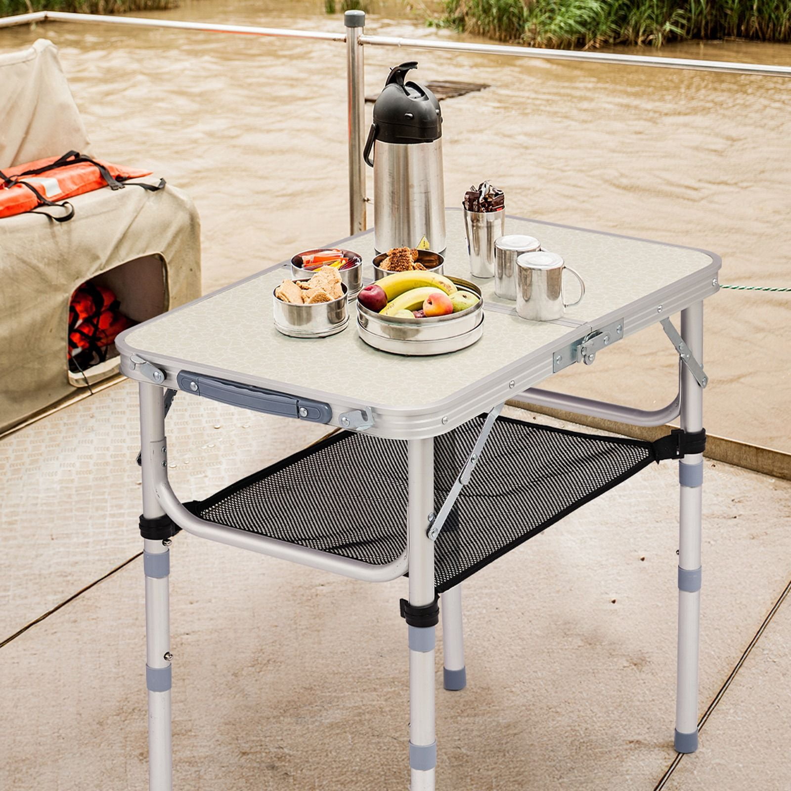 3 Height Adjustable Folding Camping Table with Mesh Storage Net, Portable Aluminum Foldable Table Built-in Carry Handle Supports 110lbs for Picnic Beach Patio Indoor Outdoor Use