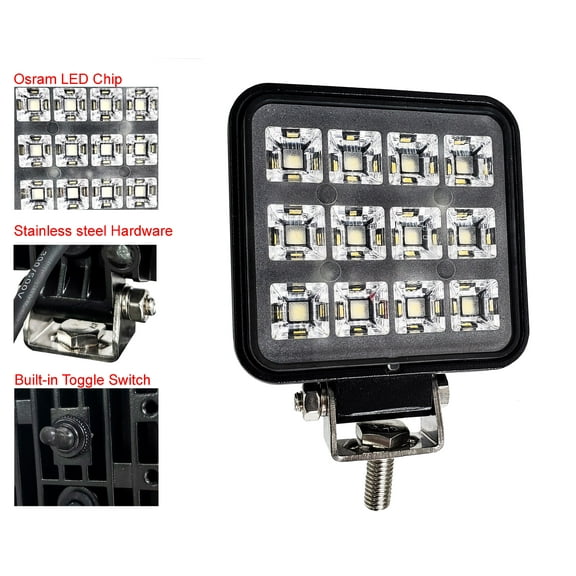 3" High Output 12w Osram LED Exterior Interior Utility Work Light Flood Beam with Toggle Switch for Truck Trailer RV Marine 12-32 volts