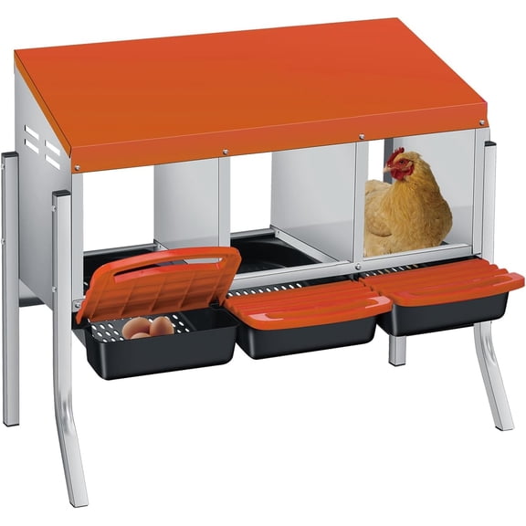3-Hole Chicken Nesting Boxes for Farm,Corrosion-Resistant Metal Nesting Boxes with Egg Collection Tray,Wall Mount/Freestanding Poultry Laying Boxes for Chicken Coops and Hens,Orange