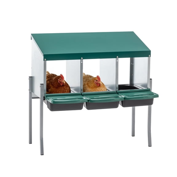 3-Hole Chicken Nesting Boxes with Legs & Lid Cover, Galvanized Steel Alloy Chicken Laying Box, Gravity Roll Egg Design, Green Poultry Nest Box for Outdoor Coop Farm Yard