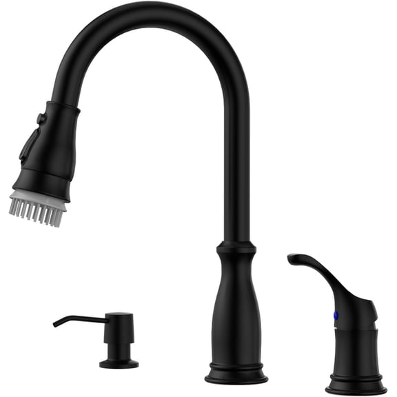 3 Hole Kitchen Faucet, 3-Hole Sink Faucets with Pull Down Sprayer, 3 count Black Kitchen Sink Faucet with Soap Dispenser and Side Separate Single Handle High Arc Stainless Matte Black
