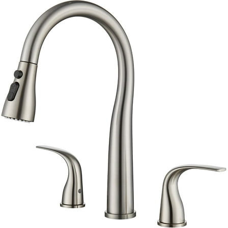3 Hole Kitchen Faucet with Pull Down Sprayer, Brushed Nickel, Double Handle High Arc Faucet for Kitchen Sink with 3 Mode , Stainless , T-3005BN