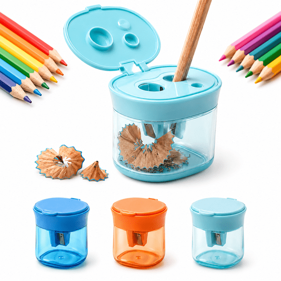 3-Hole Manual Pencil Sharpener, Compact Handheld Sharpener with Lid for Colored Pencils, Portable Classroom Office Supplies