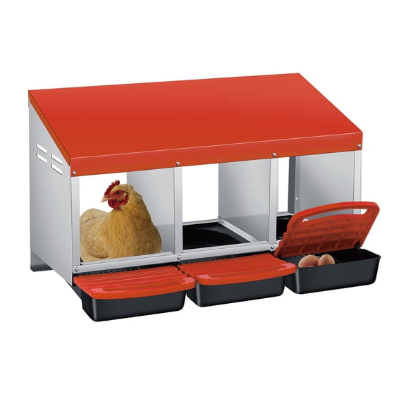 3-Hole Orange Chicken Nesting Box – Heavy-Duty Weatherproof Galvanized Steel, Removable Tray, Perch Handle, Automatic Rollout Egg Collection, Poultry Coop, Backyard, Farm – Three Grids