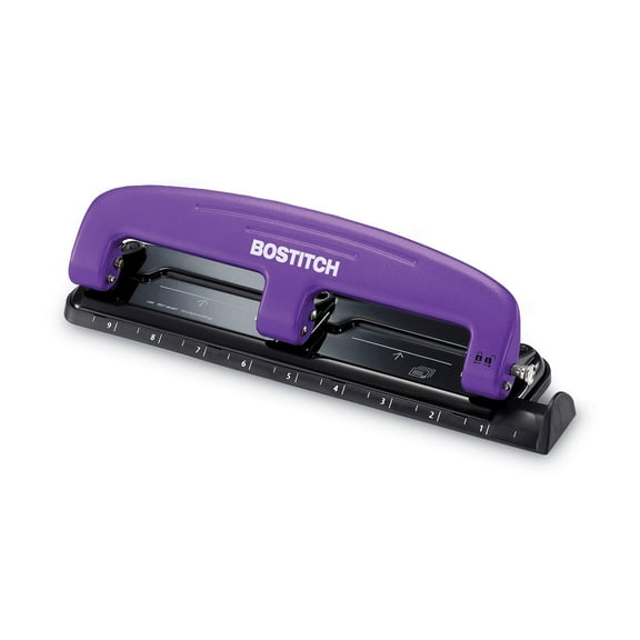 3 Hole Paper Punch for Office, EZ Squeeze Low Force Technology, 12 Sheet Capacity, No-Jam Metal Construction, Built-In Ruler for Precision, Purple