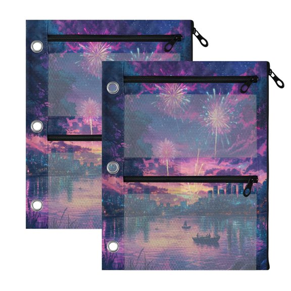 3-Hole Pencil Pouch for 3 Ring Binder Clear Zippered Pen Case with Window Beautiful City