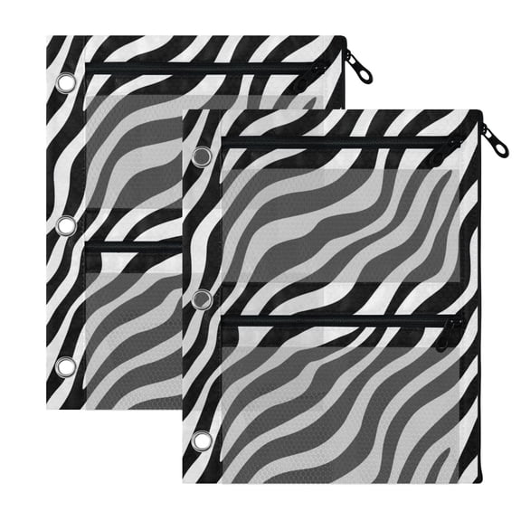3-Hole Pencil Pouch for 3 Ring Binder Clear Zippered Pen Case with Window Black Zebra Stripes Pattern