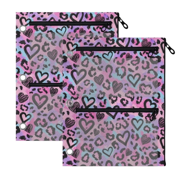 3-Hole Pencil Pouch for 3 Ring Binder Clear Zippered Pen Case with Window Leopard Print and Heart Patterns