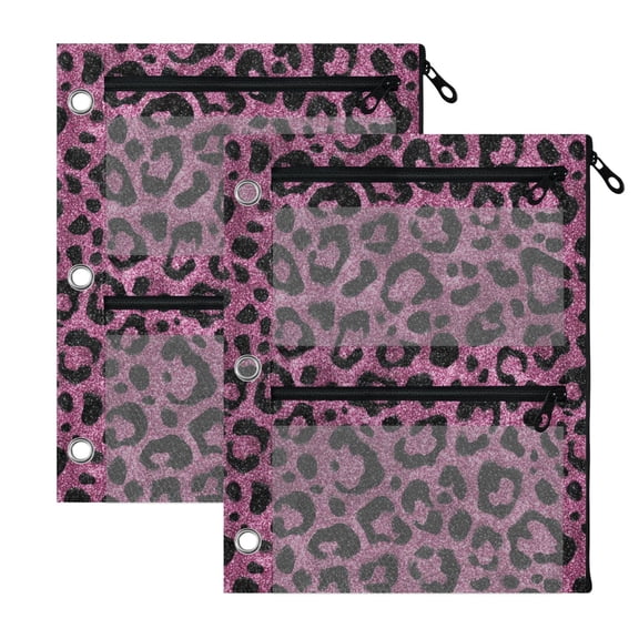 3-Hole Pencil Pouch for 3 Ring Binder Clear Zippered Pen Case with Window Pink Glitter Cheetah Print